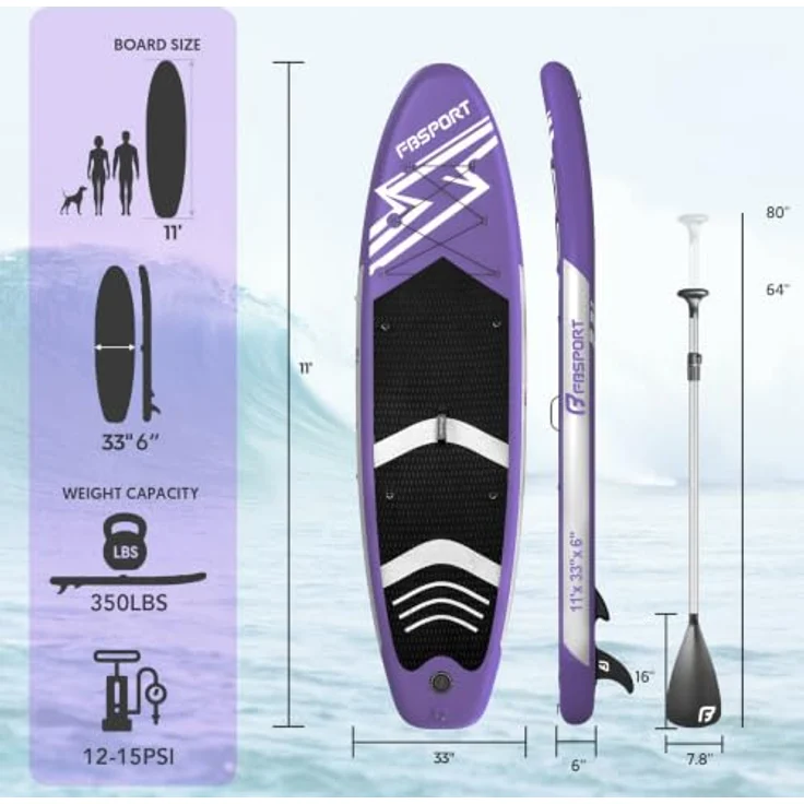 FBSPORT Aufblasbares SUP Board, 15CM dickes Stand Up Paddling Board mit verstellbarem Aluminium SUP Paddel und Pumpe, lila – Bild 2