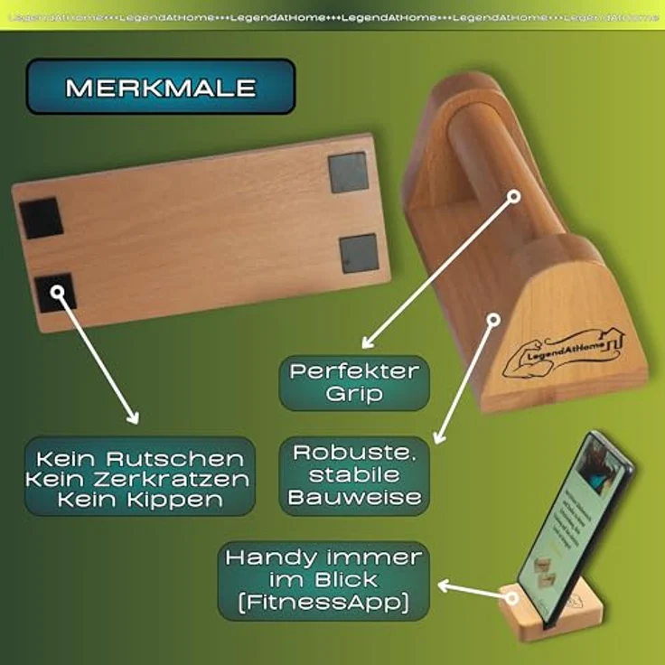 LegendAtHome Liegestützgriffe - Parallettes für extra stabile und gelenkschonende Push Ups - Zuhause oder unterwegs - Dip Barren ideal für Calisthenics - Buchenholz - Telefonhalter inklusive – Bild 4
