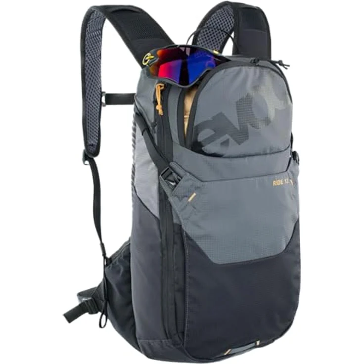 EVOC RIDE 12 Protektor Fahrradrucksack, Trekkingrucksack mit AIR-PAD-Rückenpolsterung, Helmhalterung und cleverem Taschenmanagement, Carbon Grau / Schwarz – Bild 3