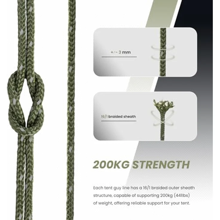Abma Cord Abspannseile Zeltschnur, 30M Zeltseil mit 200 kg Bruchlast, 6 Seilspanner, reflektierende Schnur in Armee Grün – Bild 2