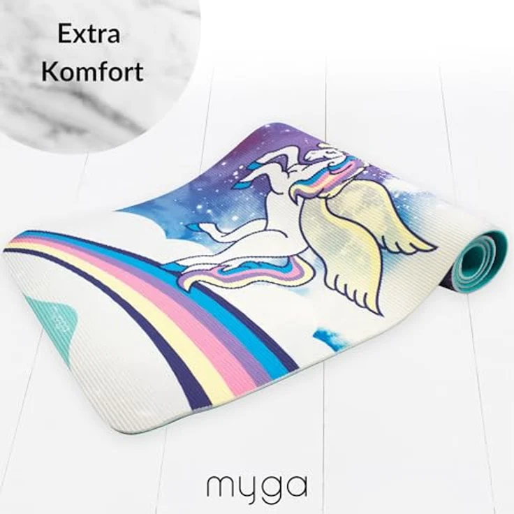 Myga Kinder Yogamatte Einhorn Sweet Dreams, rutschfest, 6 mm dick, 150 cm x 55 cm, inkl. Yoga-Posen auf Rückseite, ideal für Yoga und Spiel – Bild 3