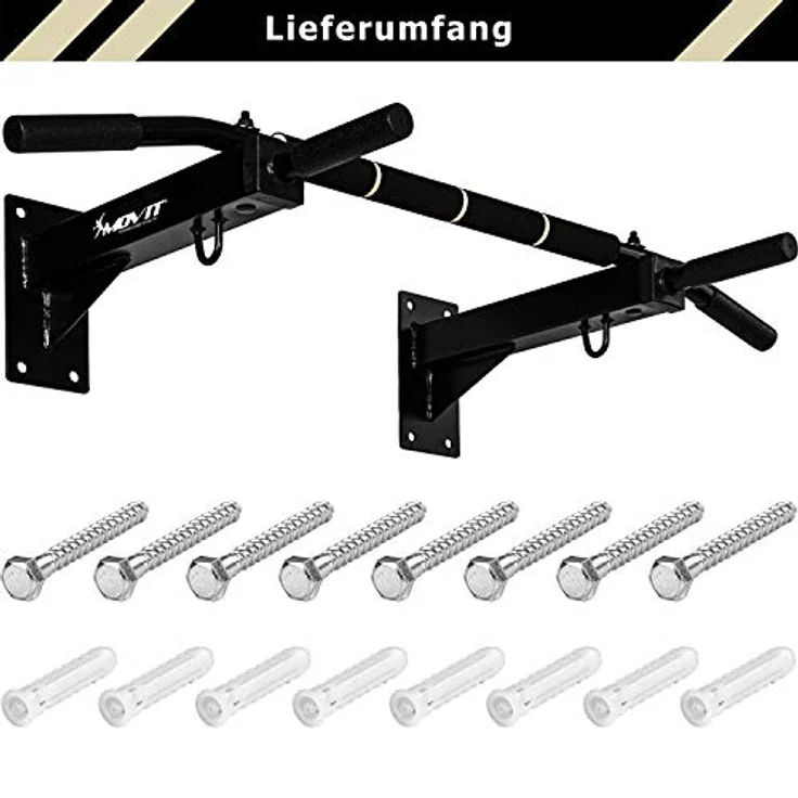 MOVIT® Profi Klimmzugstange zur Wandmontage, bis 350 kg, 4x rutschfeste Griffe + XXL Softgrip, 2x Ösen für Zubehör, schadstoffgeprüft, Schwarz, Türreck Reckstange Pull up bar – Bild 3