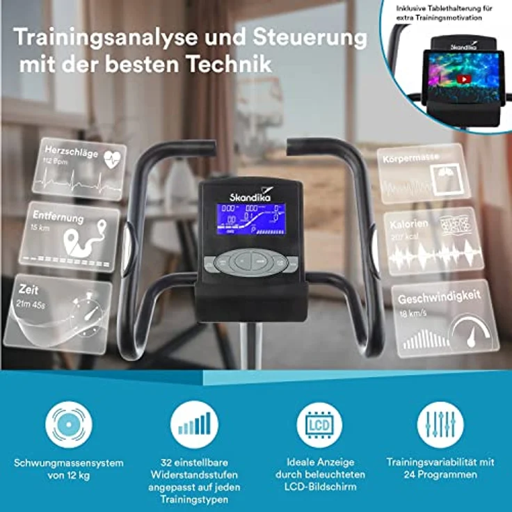Skandika Ergometer Morpheus mit Kinomap Lifetime-Abo| Heimtrainer für Zuhause, 12 kg Schwungmassensystem, 32 Levels, 24 Programme, Pulsgurt, Tablethalterung | Indoor Fahrrad bis 150 kg – Bild 3