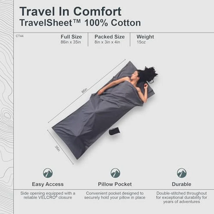Cocoon TravelSheet, Schlafsack (220 cm), leicht und atmungsaktiv, mit Kissenfach und Klettverschluss, für warme Klimazonen – Bild 3