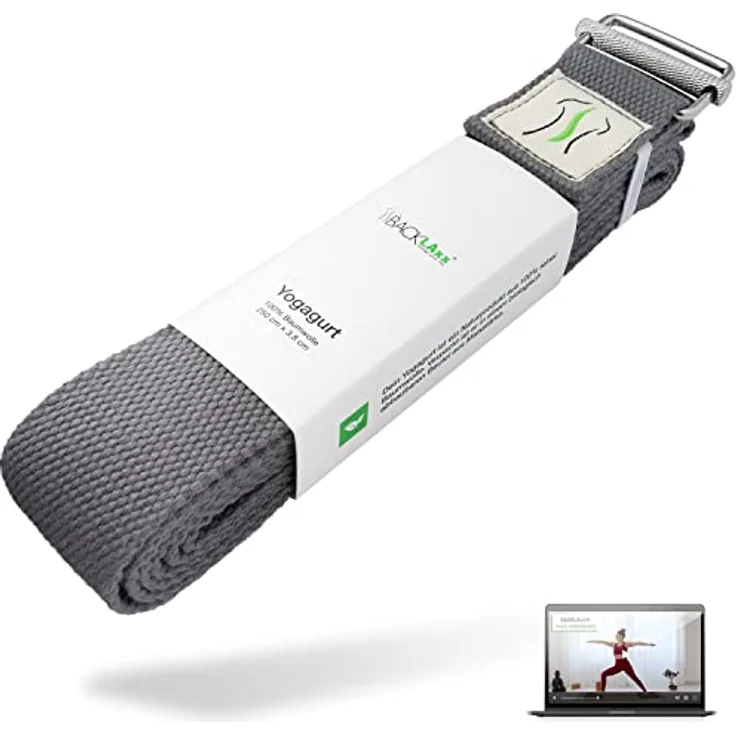 BACKLAxx® Yoga Gurt Baumwolle (grau) – Nachhaltiges Yoga Zubehör Set, Yogagurt 250 cm lang mit praktischem Verschluss aus Metall – Yoga Set ideal für Yoga, Pilates und Dehnen inkl. Anwendungsvideos