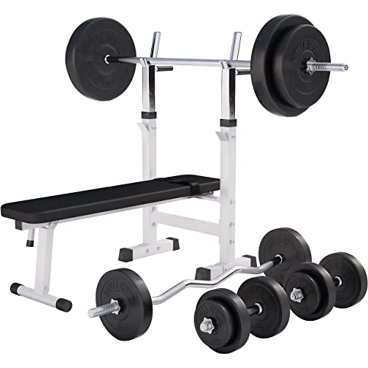 GORILLA SPORTS® Hantelbank - mit Ablage und Dip-Station, inkl. Hantelset 100kg, Verstellbar, Klappbar, Schwarz/Weiß - Drückerbank, Fitness Flachbank, Multifunktion, Trainingsbank mit Gewichten