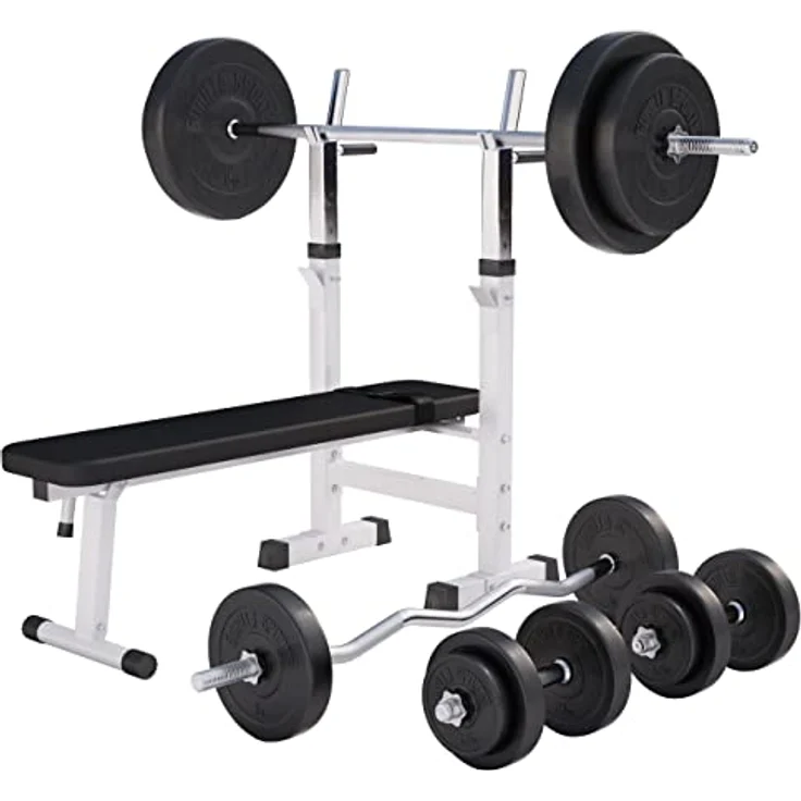GORILLA SPORTS® Hantelbank - mit Ablage und Dip-Station, inkl. Hantelset 100kg, Verstellbar, Klappbar, Schwarz/Weiß - Drückerbank, Fitness Flachbank, Multifunktion, Trainingsbank mit Gewichten – Bild 1