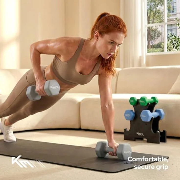 KM-Fit Hantelset 18 kg mit Ständer, Neopren Kurzhanteln 1–5 kg, ergonomischer Griff, rollsicher, robustes Gusseisen, Fitness & Krafttraining für Home Gym – Bild 3