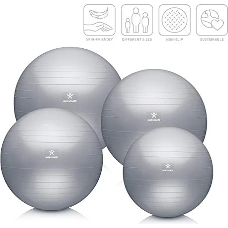 BODYMATE Gymnastikball Sitzball Trainingsball mit GRATIS E-Book inkl. Luft-Pumpe, Ball für Fitness, Yoga, Gymnastik, Core Training, für starken Rücken als Büro-Stuhl Silber 85cm – Bild 2