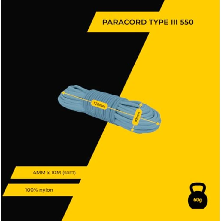 EdcX Paracord 550 Typ III, 4 mm Survival-Seil mit 7 Kern-Strängen, 100% Nylon, reißfest bis 250 kg, Skylight, 10 m – Bild 3