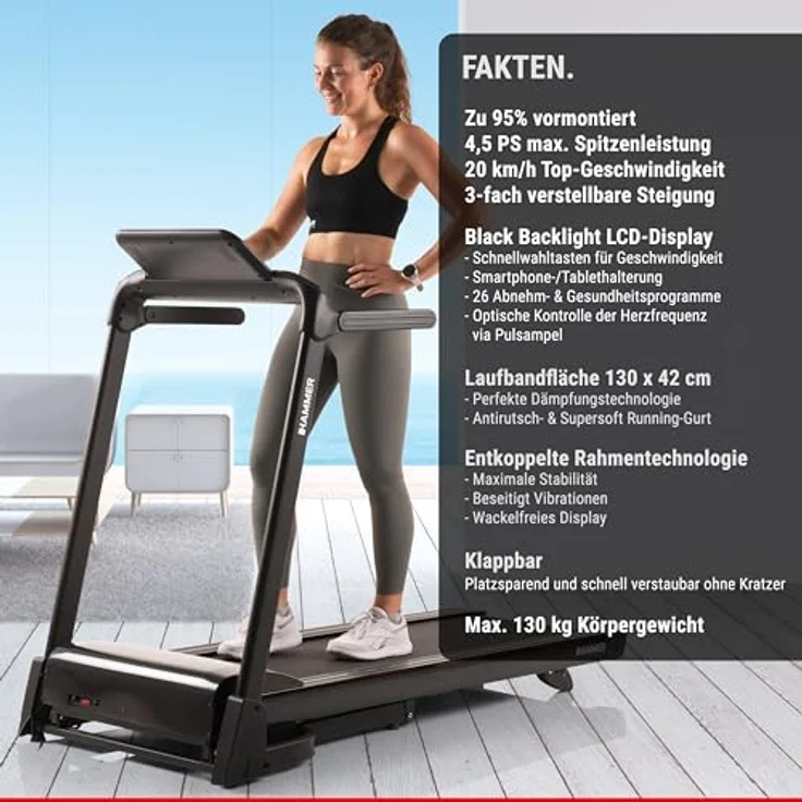 HAMMER Laufband FlyRun 2.0, Klappfunktion, 26 Programme, neigbares LCD-Display, 4,5 PS, 20 km/h – Bild 3