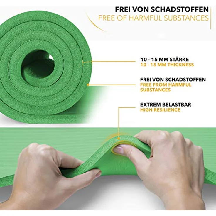 TRESKO Yogamatte Phthalatfrei - Gymnastikmatte rutschfest, Pilatesmatte Fitnessmatte mit Tragegurt, 185 x 60 x 1,5 cm Grün – Bild 3