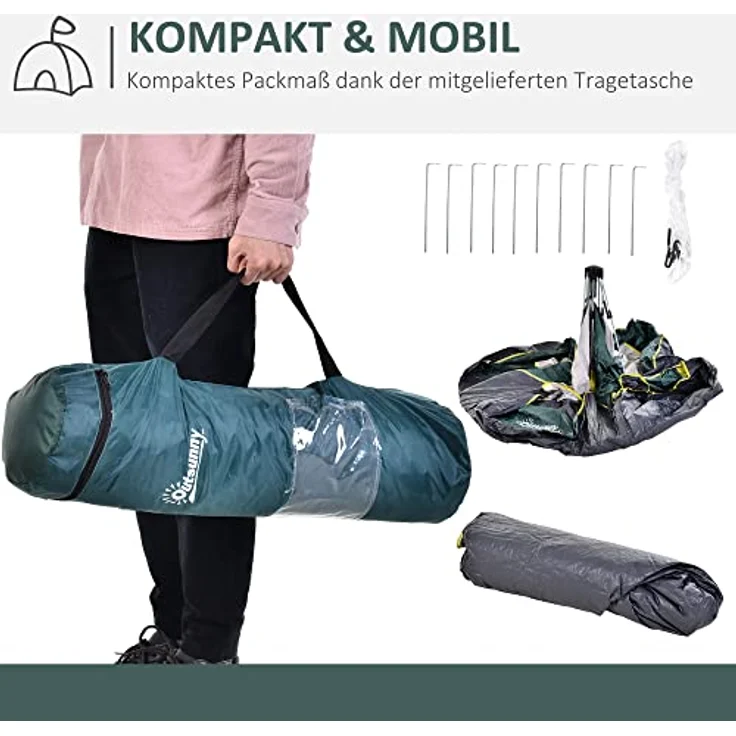 Outsunny Zelt für 3 Personen, Campingzelt mit Heringen, Kuppelzelt, Polyester, Grün, 205 x 195 x 135 cm – Bild 4