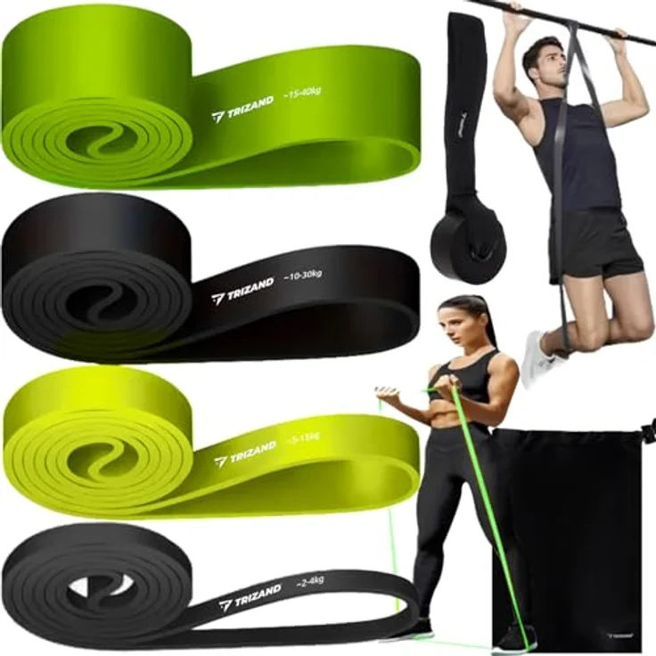 TRIZAND Widerstandsbänder 4-er Set mit Türanker, 4 Stufen für Yoga und Pilates, Farben: Grau, Hellgrün, Schwarz, Dunkelgrün – Bild 1