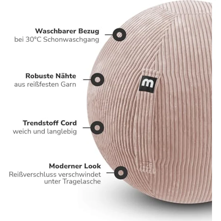 mokebo Stoff Sitzball Büro ergonomisch 'Der Sportliche', 65cm Breite, mit Pumpe, kuscheliger Cordbezug, grau – Bild 3