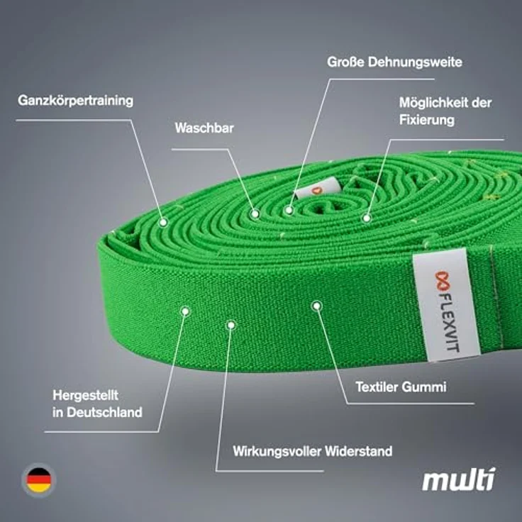 FLEXVIT Multi Fitness (Grün), Vielseitiges Widerstandsband mit eingenähten Schlaufen, hautfreundlich und robust, ideal für Outdoor-Training, made in Germany – Bild 2
