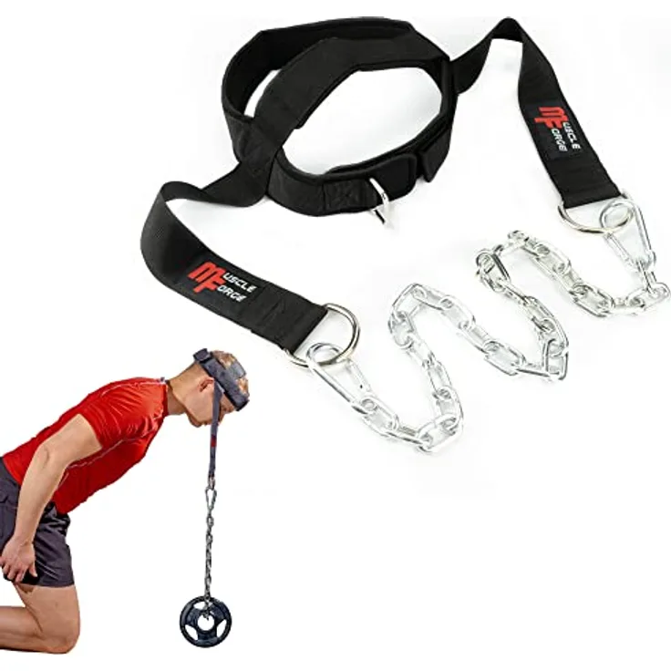 MuscleForge® Kopfgurt für Nackentraining mit Kette und Karabinerhaken, Nackentrainer, Hals Kopf Geschirr für Box und MMA, Neck Harness, Head Cup for neck training im Gewichtheben und Wrestling