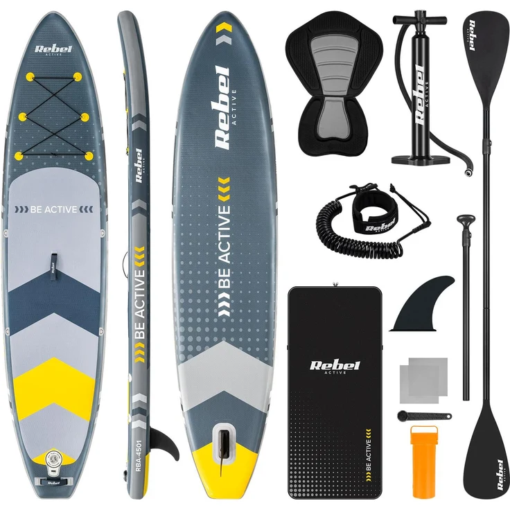 Rebel RBA-4501, Aufblasbares SUP Board mit Schwimmsitz, 350 cm, grau, inkl. Paddelset