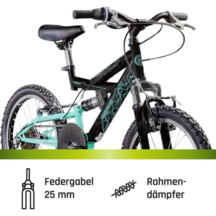 Galano FS180, 18 Zoll Fully Mountainbike für Kinder ab 5 Jahren, 6 Gang Schaltung, schwarz/türkis – Bild 4