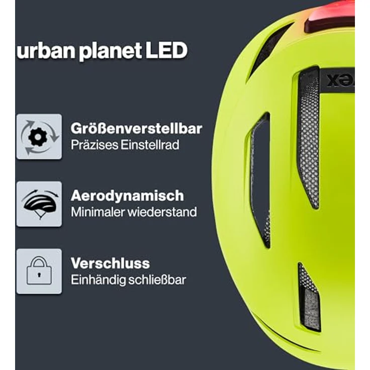 Uvex Sports urban planet LED, Cityhelm mit Hartschalenkonstruktion, 14 Belüftungsöffnungen, mattem Lime-Finish, 54-58 cm – Bild 2