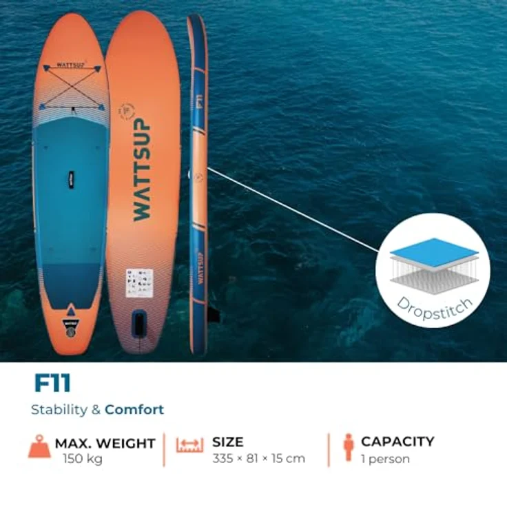 WattSUP F11 SUP Board Stand Up Paddle Surf-Board Paddel ISUP 335x81cm, Kunststoff, Blau / Orange – Bild 3