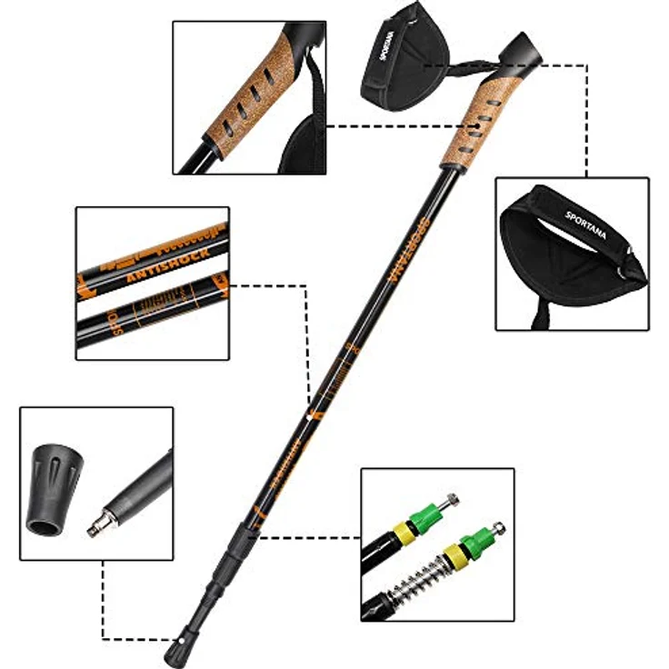 Sportana Nordic Walking Stock Teleskopstock 5 Aufsätze Anti-Shock Federung Trekkingstöcke Orange – Bild 4