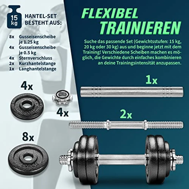 RE:SPORT 2 in 1 Hanteln Set 15 Kilogramm | Hantelset Gusseisen verstellbar | Kurzhantel & Langhantel | Sternverschlüsse & Verbindungsrohr – Bild 5