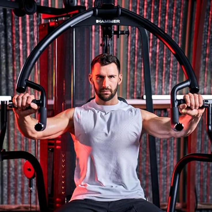 HAMMER Kraftstation Autark 6800 ´26, Studio-Trainingsturm mit 100 kg Gewichtsblock, Beinpresse, 10-fach verstellbarem Kabelzug und Butterfly-System – Bild 5
