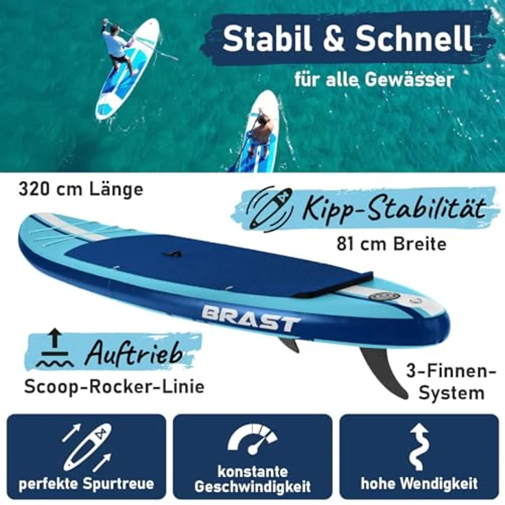 BRAST SUP Board Shark, Aufblasbares Stand Up Paddle Set 320x81x15cm, 200 kg Tragkraft, 2in1 Paddel, Kajaksitz, Action-Cam-Halterung, 5 Jahre Garantie, 8 Designs – Bild 2