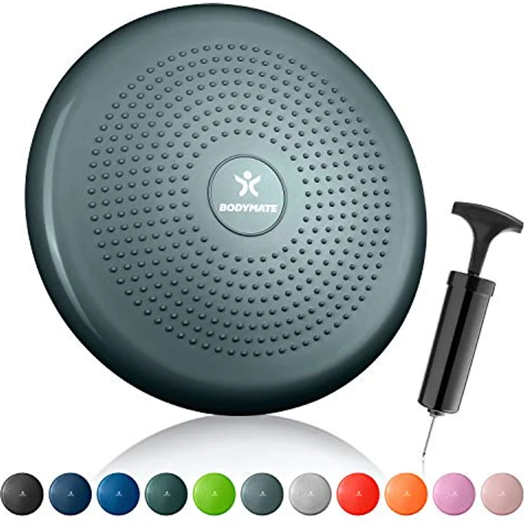 BODYMATE Ballsitzkissen inkl. Pumpe GRAU-BLAU 34cm Durchmesser - Balance-Kissen, Luftkissen, Balance Pad, Noppenkissen - Core-, Fitness-, Reha-, Koordinations- und Rückentraining - Preisvergleich – Bild 2