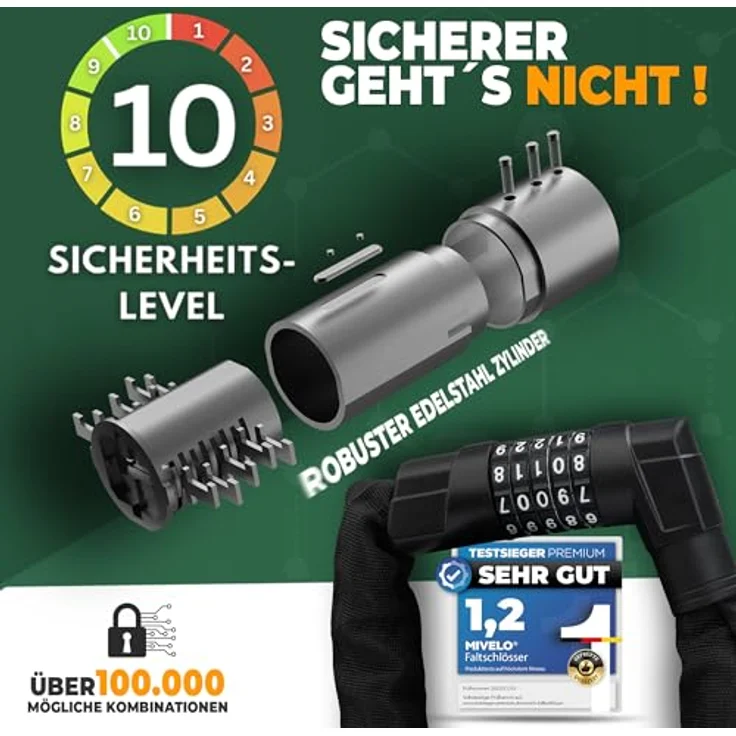 MIVELO Fahrradschloss Kettenschloss 100cm, 8mm gehärteter Stahl, Zahlenschloss mit 100.000 Kombinationen, hohe Sicherheit für E-Bike, MTB & Rennrad – Bild 4