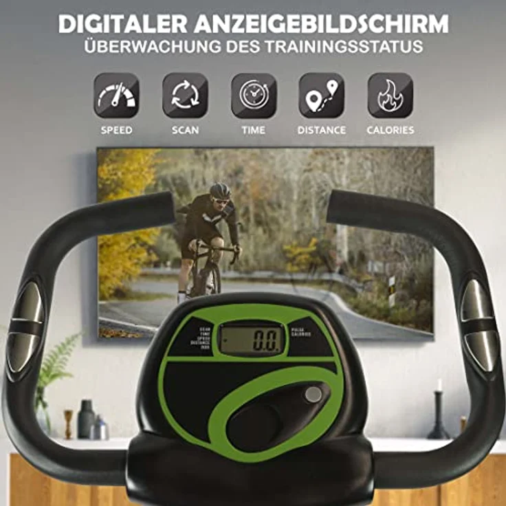 Fjoerdesports faltbarer Fahrradtrainer, Heimtrainer, Fitnessfahrrad LCD Trainingscomputer, klappbarer Hometrainer, inklusive Pulsmessung, maximales Benutzergerwicht 110 kg, 8 Widerstandsstufen (Grün) – Bild 2
