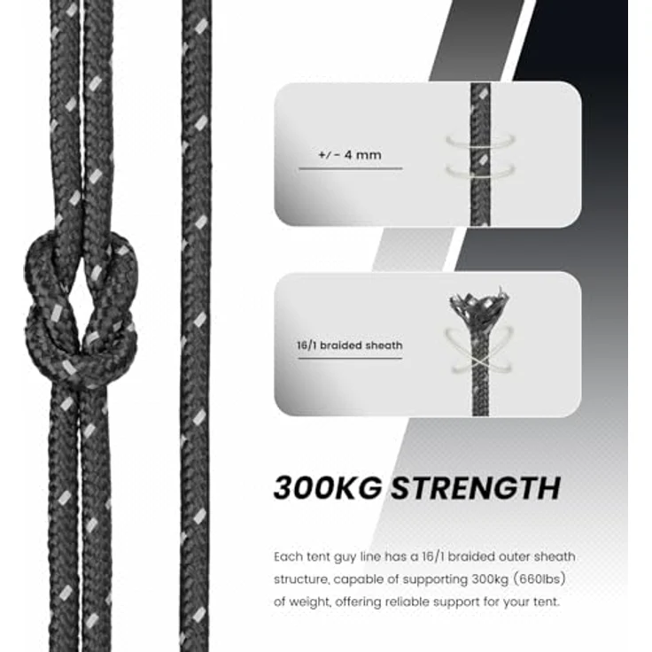 Abma Cord Zelt-Abspannseile mit 300 kg Bruchlast, 30 m reflektierende Schnur und 6 Seilspanner, Schwarz – Bild 2