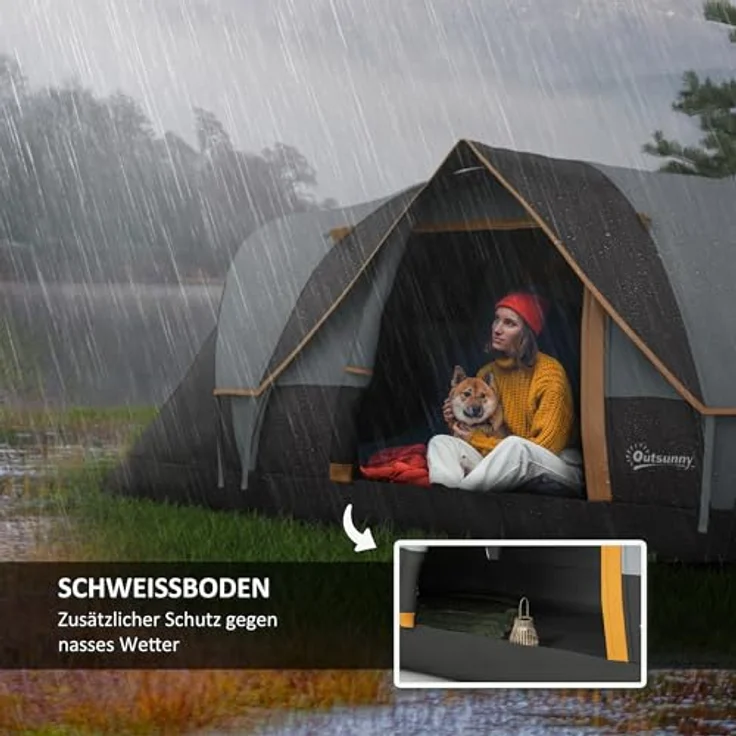 Outsunny Tunnelzelt für 5-6 Personen, wasserdicht und stabil mit 3000mm Wassersäule, inkl. Eingang, Fenster und Packtasche, Hellgrau – Bild 4