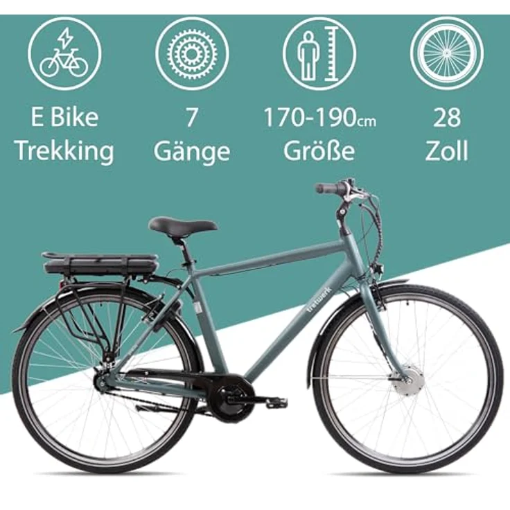 TRETWERK - 28 Zoll E-Bike Herren Pedelec - Mystic grau - E-Citybike Herrenfahrrad mit 7 Gang Shimano Nexus Nabenschaltung - Elektrofahrrad mit Frontmotor 250W, 36V – Bild 2