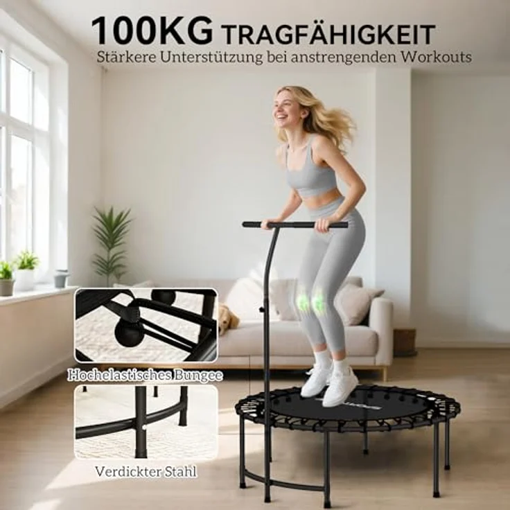 SPORTNOW Fitness Trampolin klappbar Ø102 cm, Mini Trampolin mit höhenverstellbarem Haltegriff 116-132 cm, leise Gummiseilfederung, belastbar bis 100 kg, für Indoor und Outdoor Jumping – Bild 4