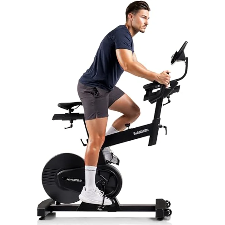 HAMMER Speedbike HyRace S, Indoor Cycle Heimtrainer mit 20 kg Schwungmasse, Bluetooth und Tablet- & Smartphonehalterung, kompatibel mit Kinomap & Zwift, Ergonomisches Race-Design – Bild 3