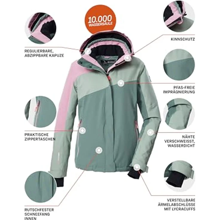 Killtec KSW 26 WMN SKI JCKT, Damen Skijacke mit Colourblock-Design, wind- und wasserdicht, mintgrün, Größe 44 – Bild 6