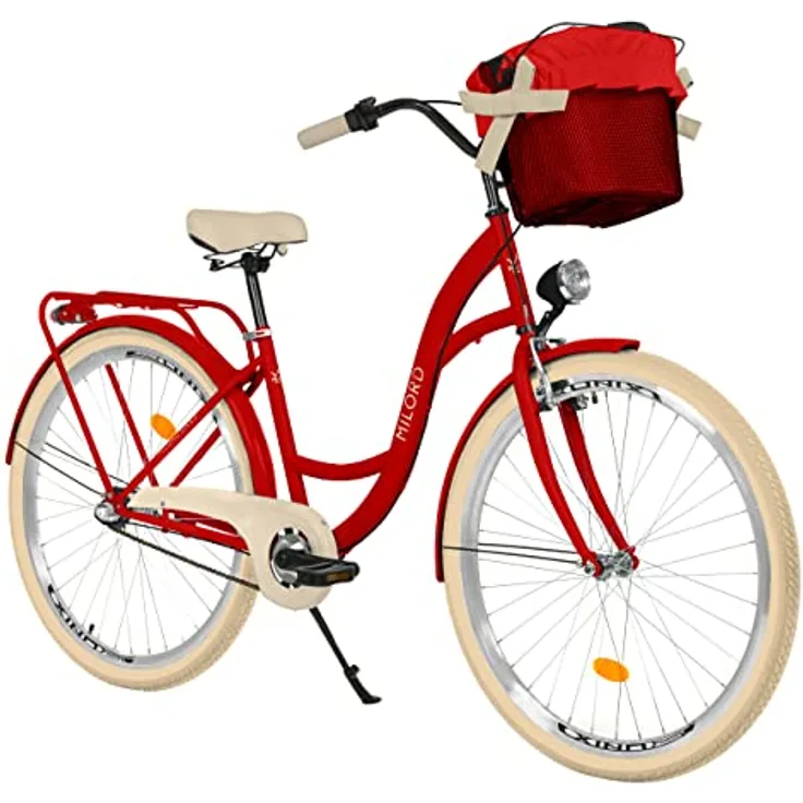 Milordbikes City-Fahrrad, Rot, 46 cm, Metallrahmen, Freizeit- und Sportbike mit Aluminiumfelgen und integriertem Träger