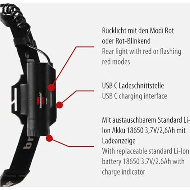 Brennenstuhl LuxPremium Akku LED Sensor Kopflampe SL 500 A, Wiederaufladbare Stirnlampe mit Sensor (USB C, Rotlicht, IP44, COB-LED, 500lm, max. 22h Leuchtdauer, Akku 18650 austauschbar) – Bild 3