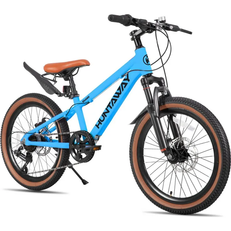 HILAND HUNTAWAY Kinderfahrrad 20"/24" Alu-Mountainbike mit Shimano 7-Gang, Federgabel, Scheibenbremsen und rutschfesten Geländereifen, Blau/Grün/Grau/Rosa/Lila