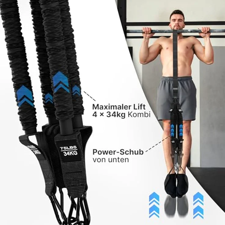 NEOLYMP Klimmzughilfe, 4-Seil-System mit 4x Tube Bands je 34 kg, gepolsterte Fußschlaufen, Türanker für saubere Klimmzüge – Bild 4