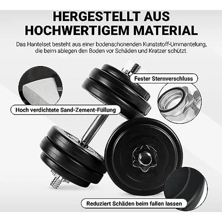 MSPORTS Hantelset Kurzhanteln 2er Set Premium 20 kg oder 30 kg Hantelstange, Hantelscheiben und Sternverschlüsse I Hantelstangen gerändelt 30/31mm Hantel (30 KG) – Bild 4
