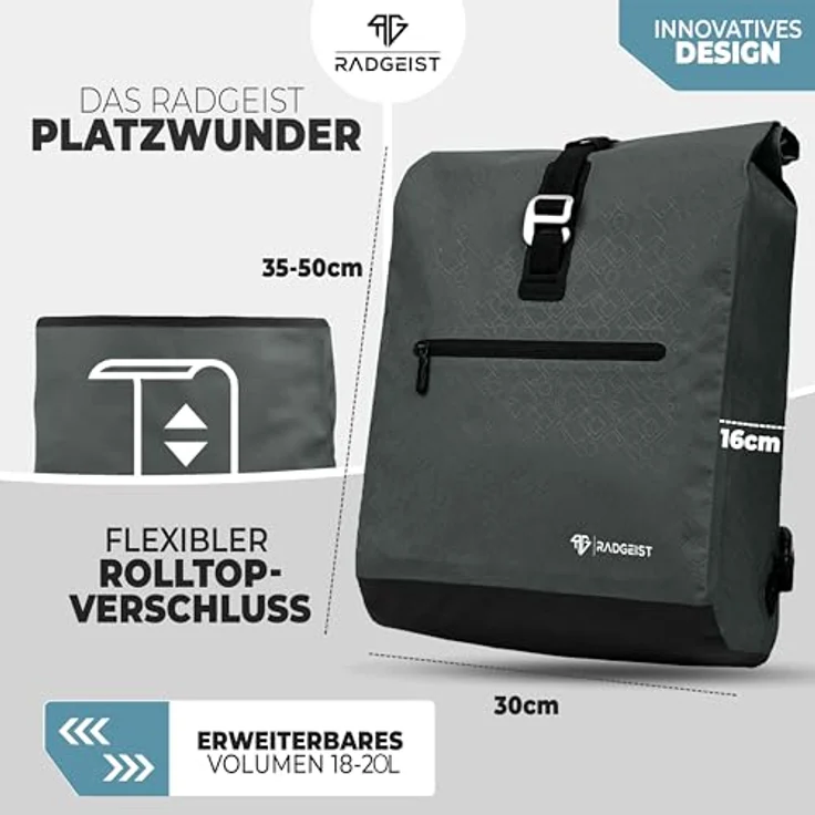 RADGEIST Fahrradtasche für Gepäckträger, 20L Umhängetasche & Rucksack in Anthrazit, wasserdichtes Frontfach, Laptopfach, reflektierende Elemente – Bild 4