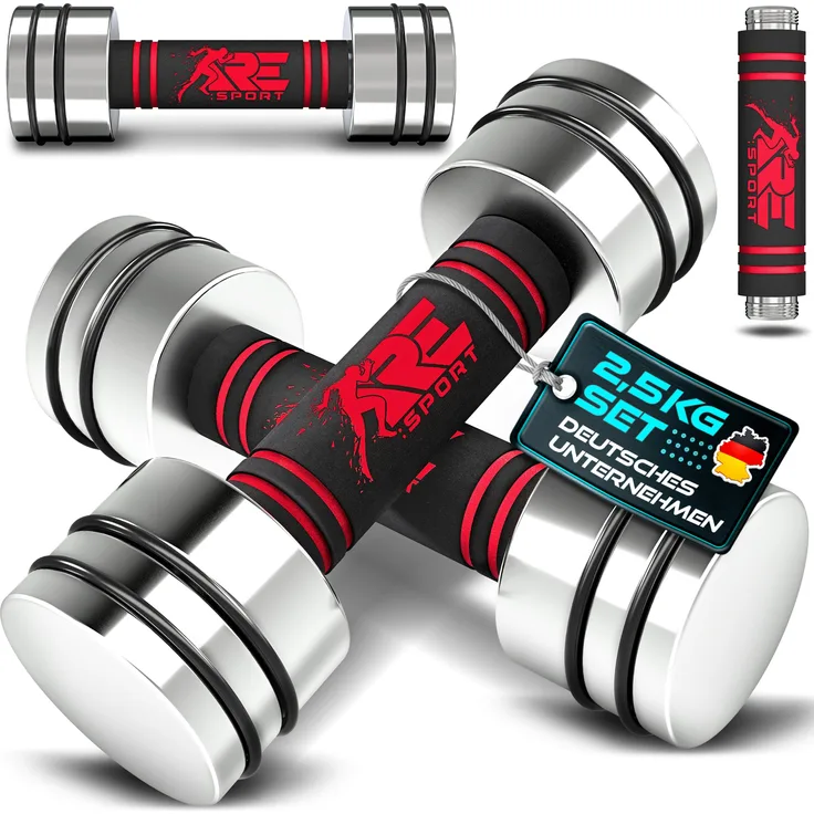 RE:SPORT® 2er Hanteln Set, massive Stahlkurzhanteln 2 x 2,5kg in Rot mit Schaumstoffgriff für Fitness & Muskelaufbau