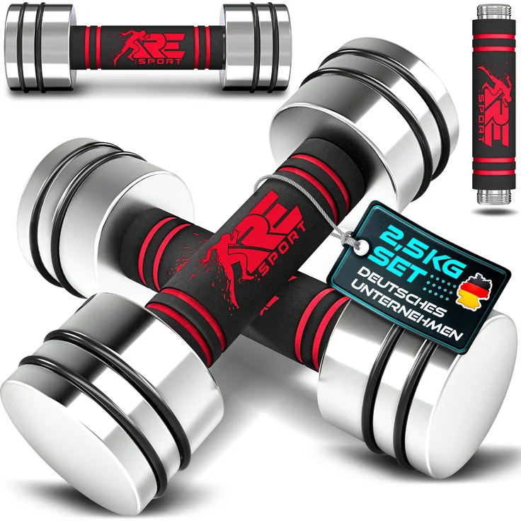 RE:SPORT® 2er Hanteln Set, massive Stahlkurzhanteln 2 x 2,5kg in Rot mit Schaumstoffgriff für Fitness & Muskelaufbau