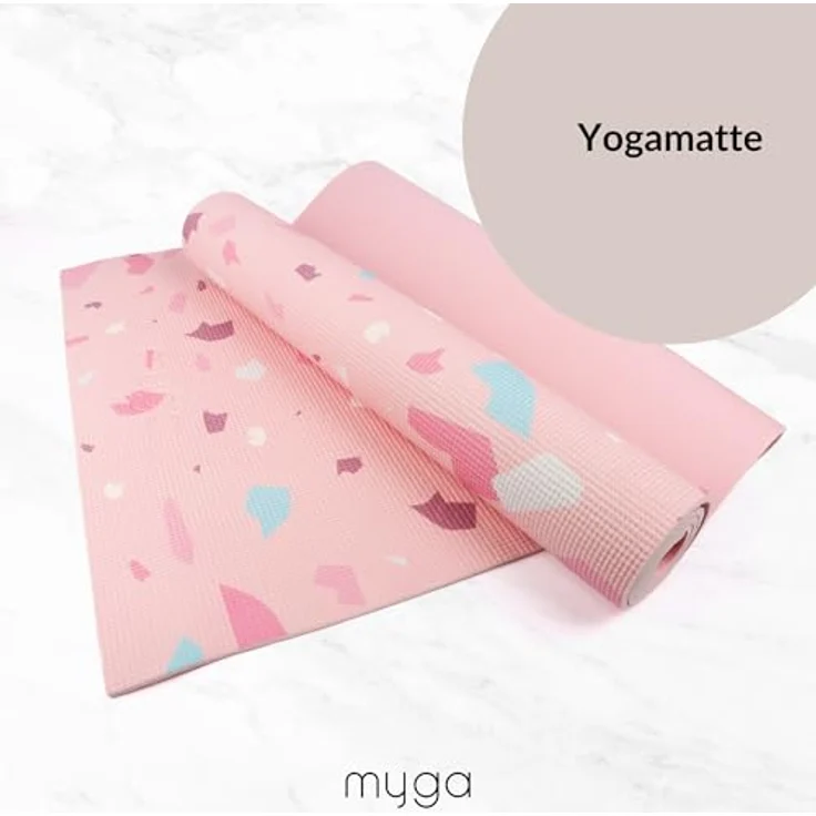Myga Yoga Starter Kit, Komplettes Set mit rutschfester Yogamatte (6 mm), Yogablock & Gurt, Rosa Terrazo Design, Ideal für Anfänger & Reisen – Bild 4