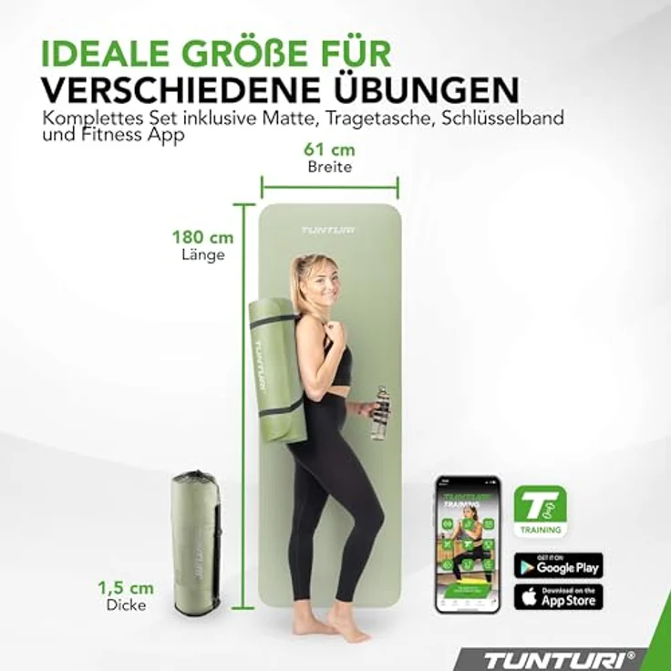 Tunturi NBR-Fitnessmatte, 15 mm, 180 cm x 60 cm, pflegeleicht, inklusive Tragetasche – Bild 8