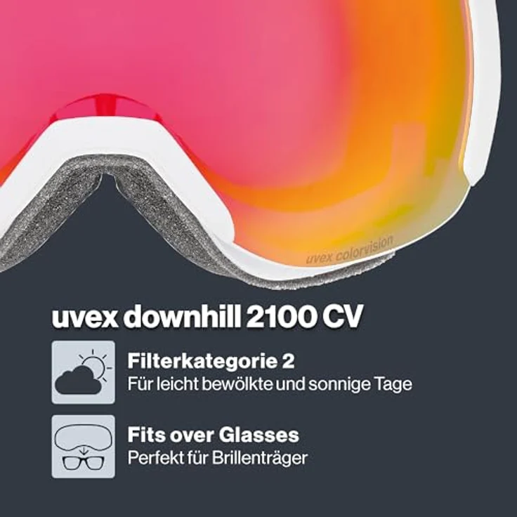 Uvex Downhill 2100 CV, kontrastverstärkende Skibrille mit schmalem Rahmen und extra weitem Sichtfeld, weiß/rot-lila, one size – Bild 2