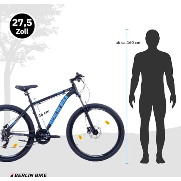 BERLIN BIKE MTB1 Mountainbike, 27,5 Zoll, 46 cm Rahmenhöhe, hydraulische Scheibenbremsen, Shimano-Set, Schwarz-Blau – Bild 8
